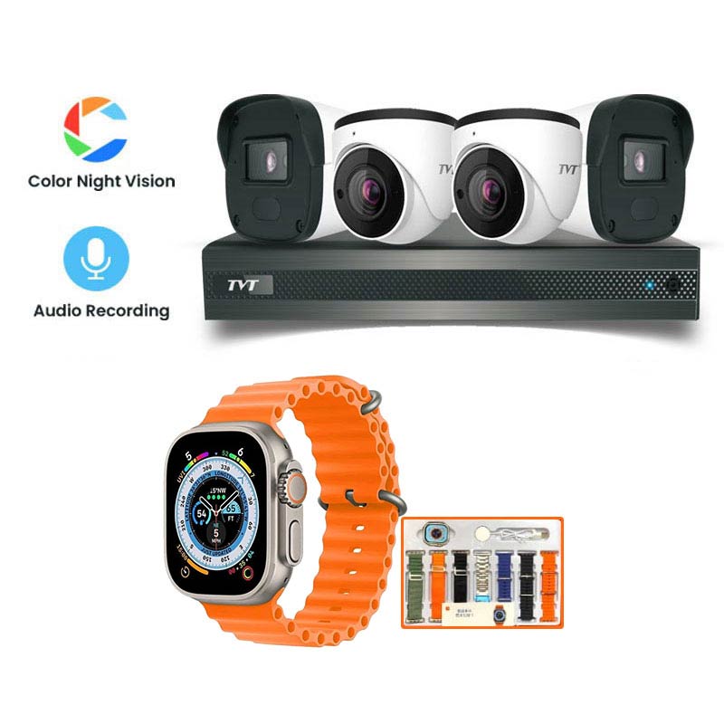 Picture of TVT 4 CCTV Cameras Combo (2 Indoor & 2 Outdoor CCTV Cameras) (Colour View With Mic) 👨🏻‍🔧 With CCTV Installation+ 4CH DVR + HDD + Accessories + Power Supply + 90m Cable  +Smart Watch & 7 Multicolor Straps